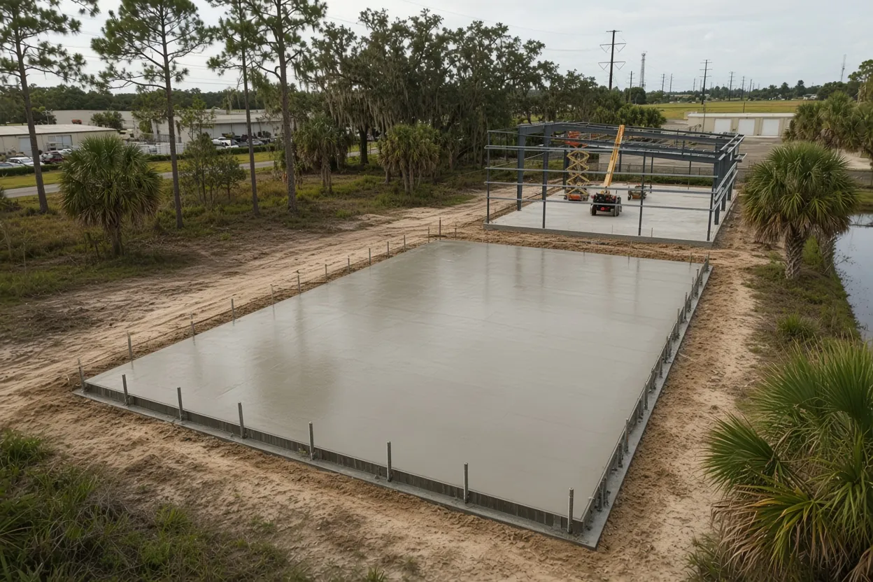 Aerial view of a fresh slab with perimeter dowels beside a steel frame going up in Auburndale, Florida