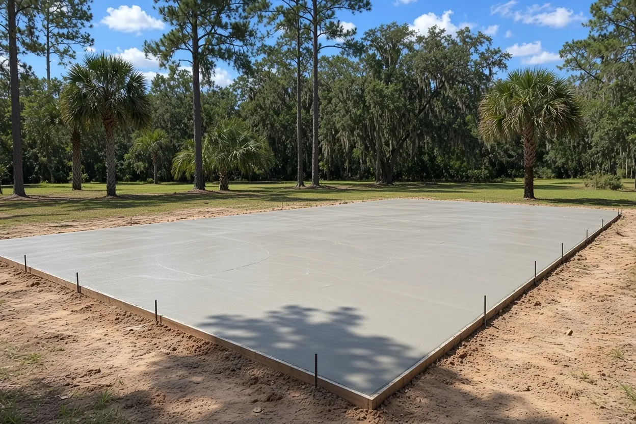Anchor bolt layout and forms staged for a pole barn slab in Winter Haven