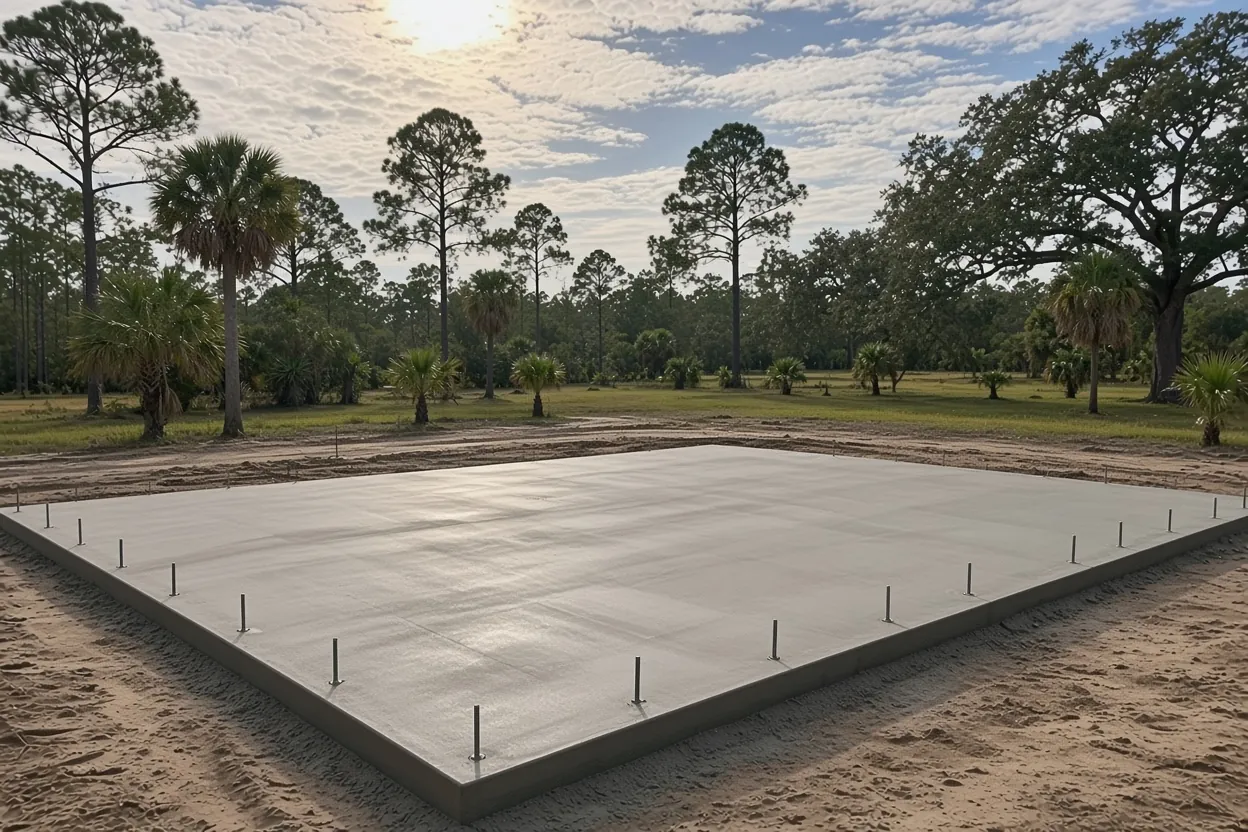 Anchor bolts set in a thickened-edge concrete foundation for a steel building in Polk County