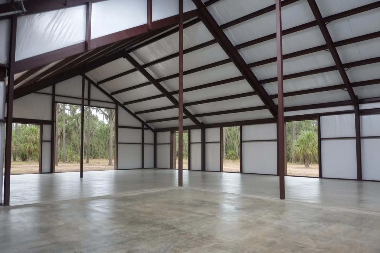 Barndominium steel frame standing on a finished concrete foundation in rural Polk County near Wahneta