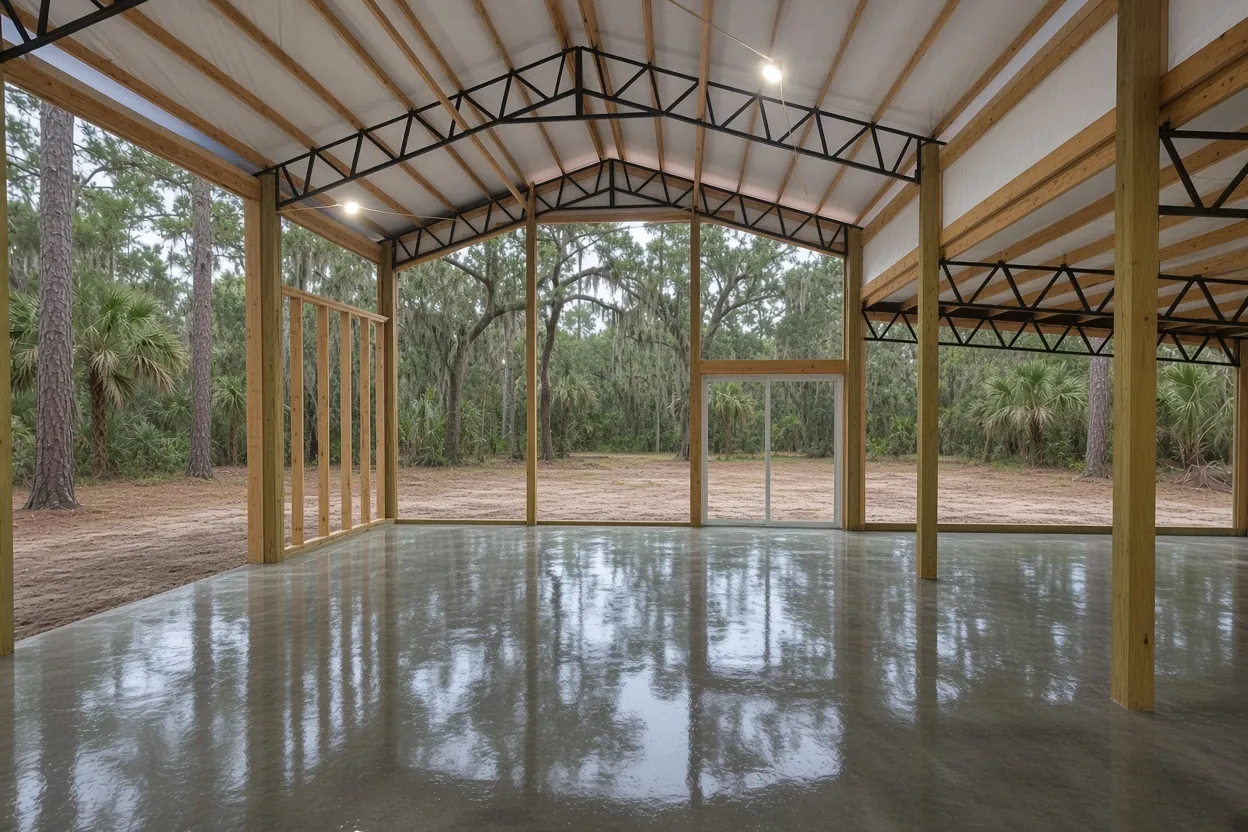 Broom-finished concrete barn aisle with texture lines across the walkway in Winter Haven, Polk County