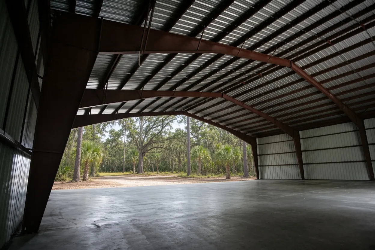 Broom-finished concrete floor inside a new pole barn on Haines City, Florida acreage
