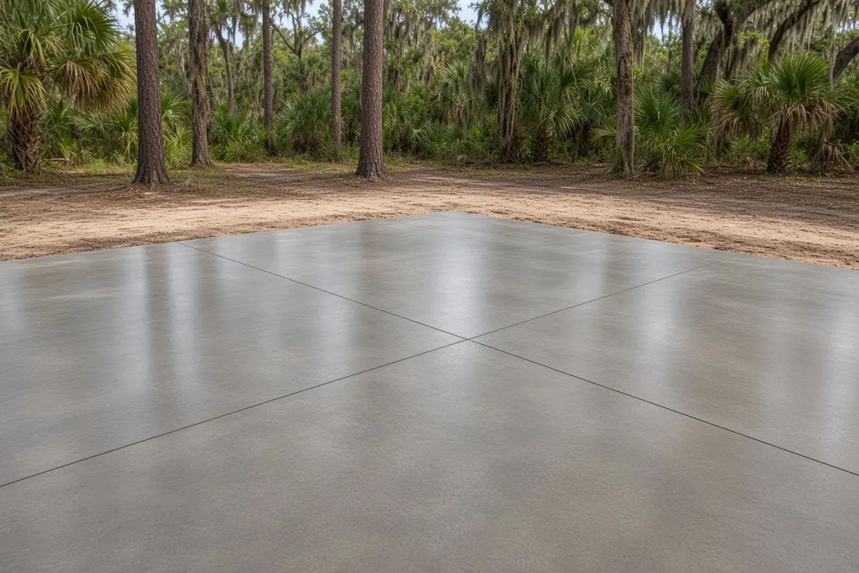 Compacted sand building pad sloping toward a lake for a metal building in Winter Haven