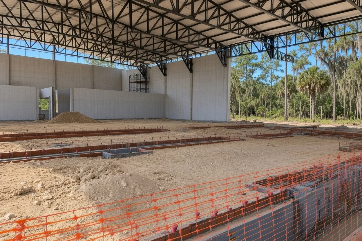 Compacted sand pad with forms for a hangar slab on ridge soil near Lake Wales