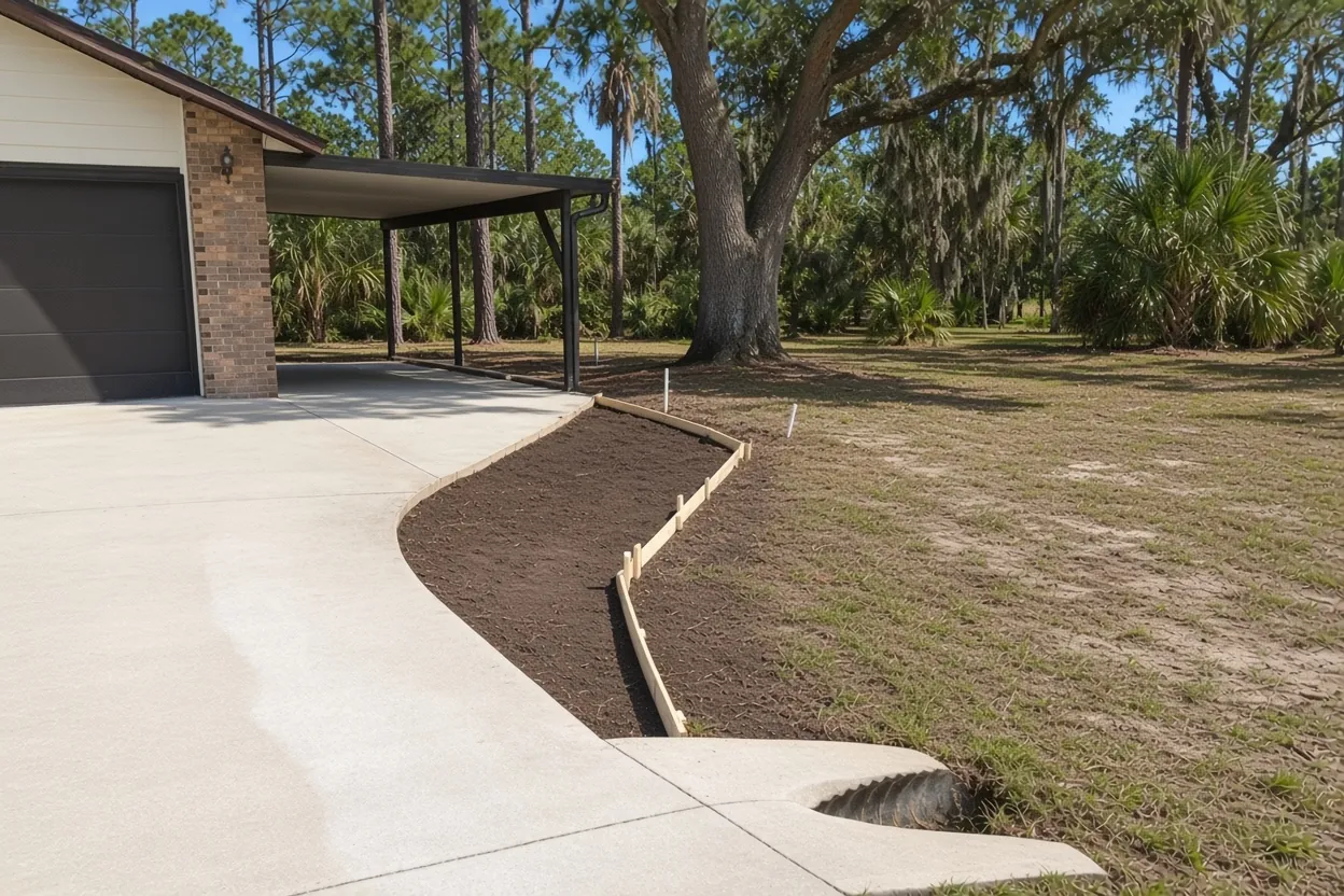 Concrete carport pad and shop slab on a residential lot in Wahneta, Polk County, Florida