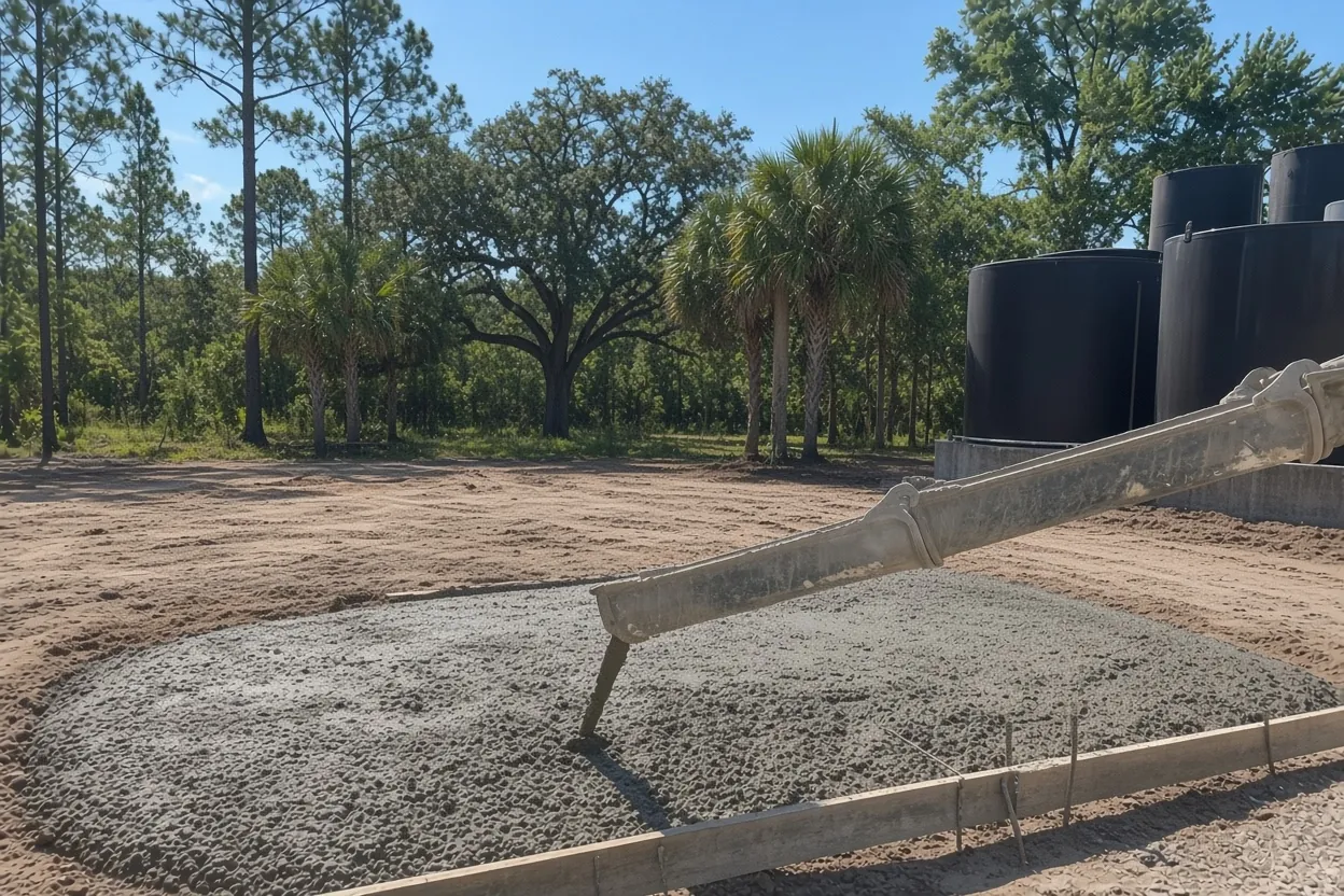 Concrete chute placing a new slab on a cleared sandy lot in Kathleen, Polk County