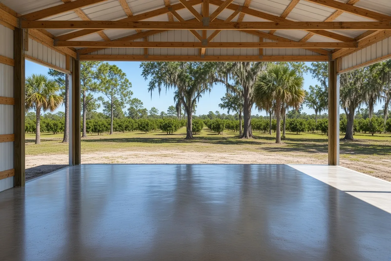 Concrete equipment shed floor on open acreage near Waverly in Polk County