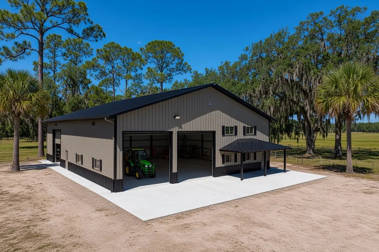 Concrete equipment shed slab with a tractor parked on it on a farm near Lakeland, Polk County