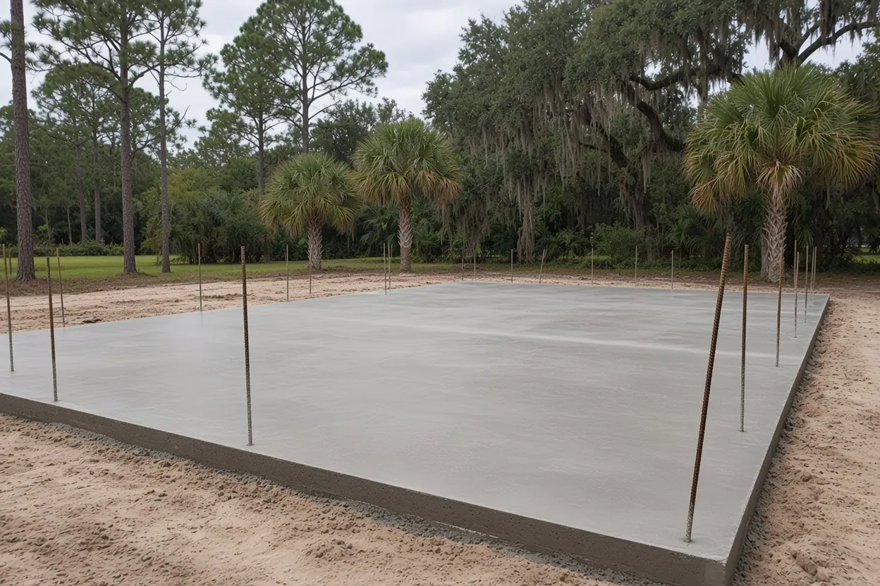 Concrete pump boom reaching a backyard steel building pad in Auburndale, Florida