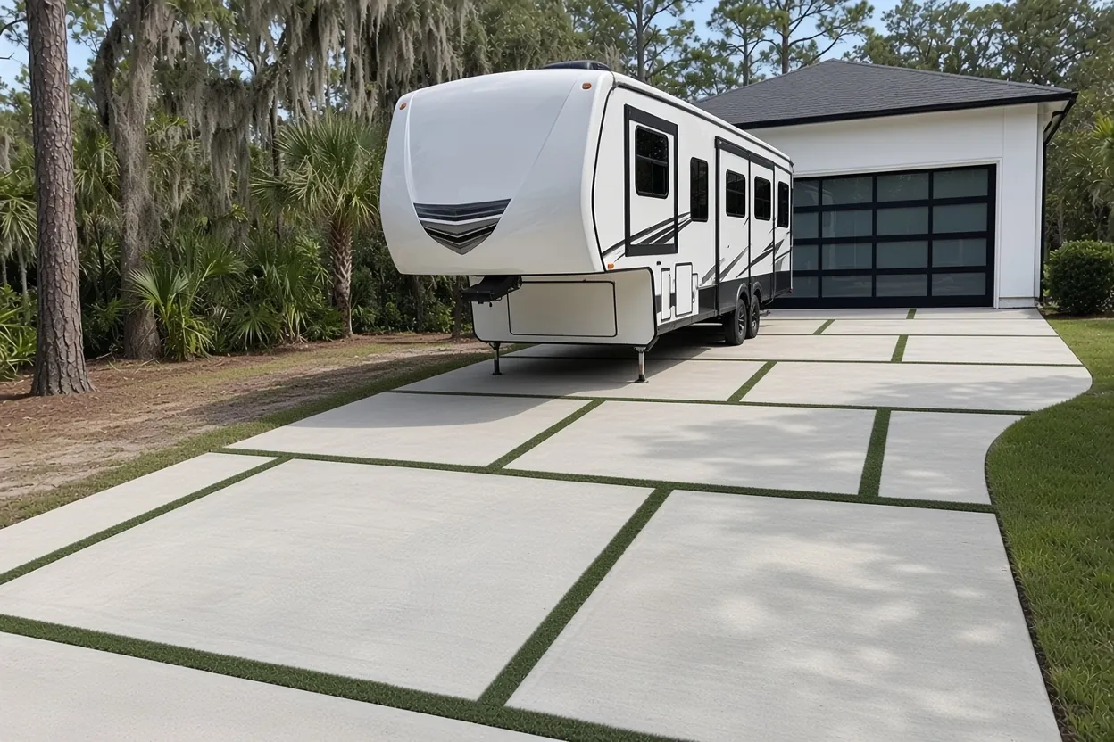 Concrete RV pad with a fifth-wheel parked beside a Polk County home near Lakeland