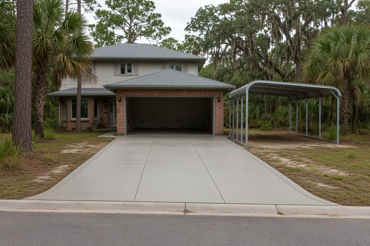 Concrete RV pad with a metal carport frame on a Babson Park, Polk County lot
