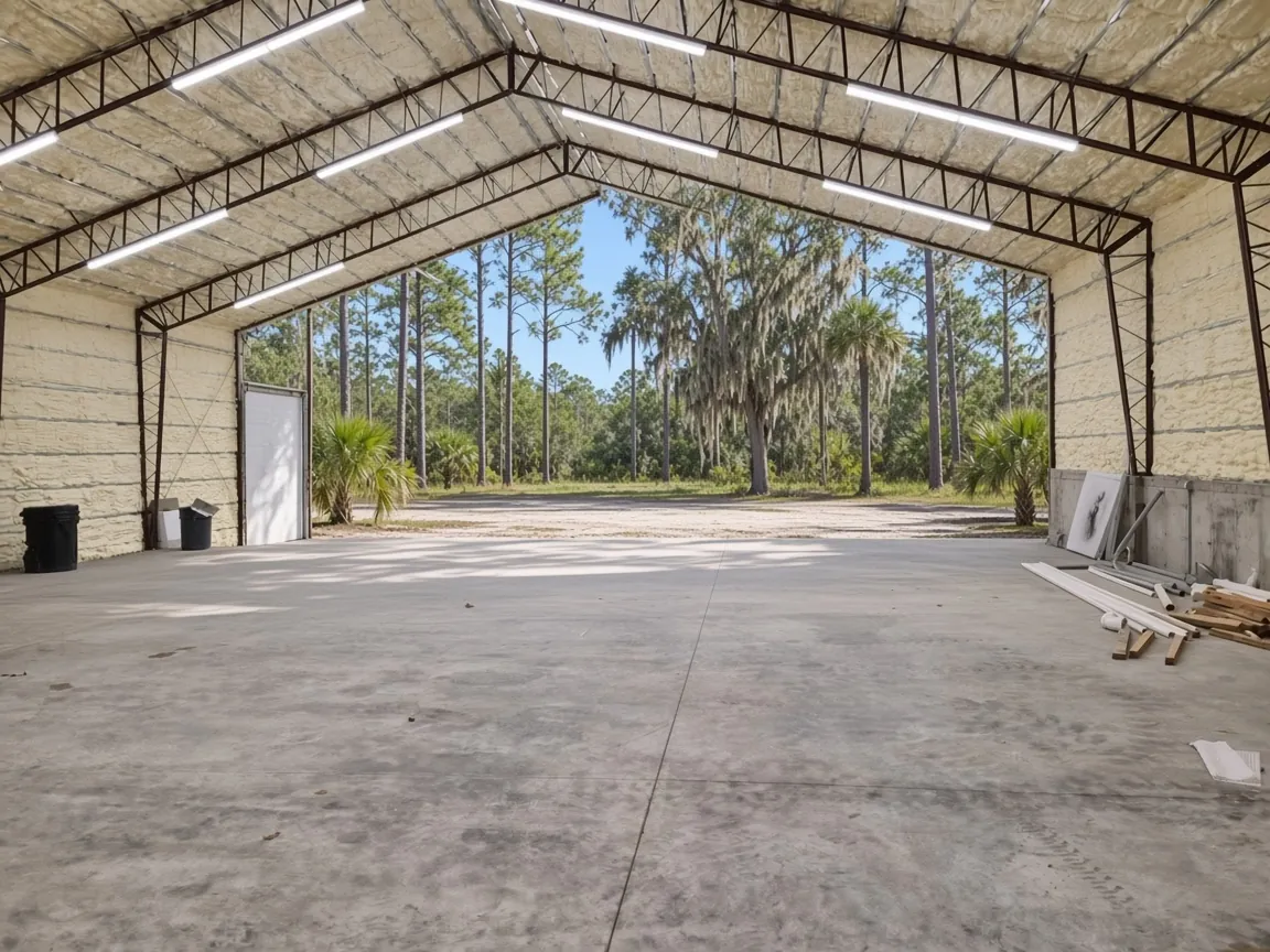 Cured broom-finished concrete slab inside an open pole barn frame on a Polk County farm