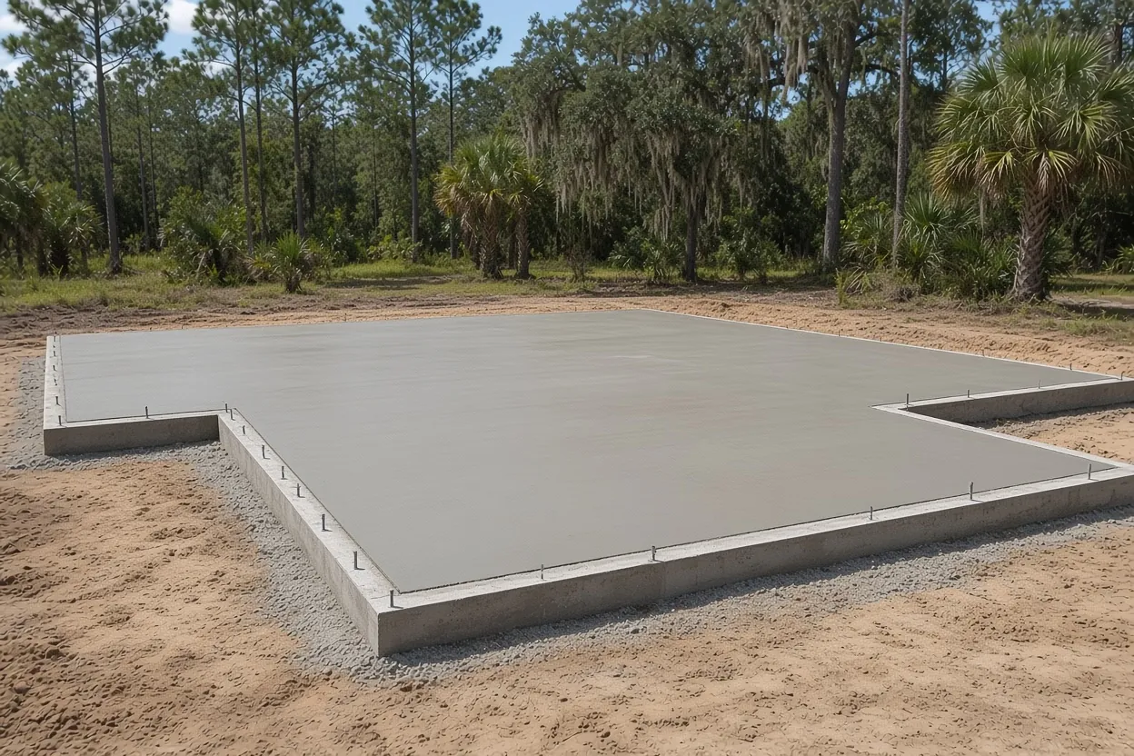 Cured monolithic slab with thickened edges ready for framing on a new home lot in Polk County