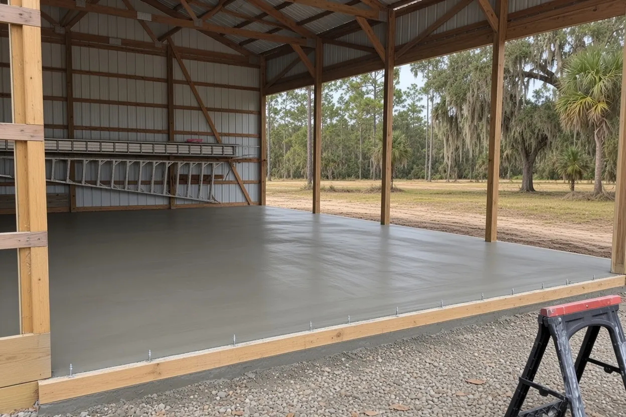 Finished broom-finished concrete barn slab with anchor bolts on rural Polk County acreage