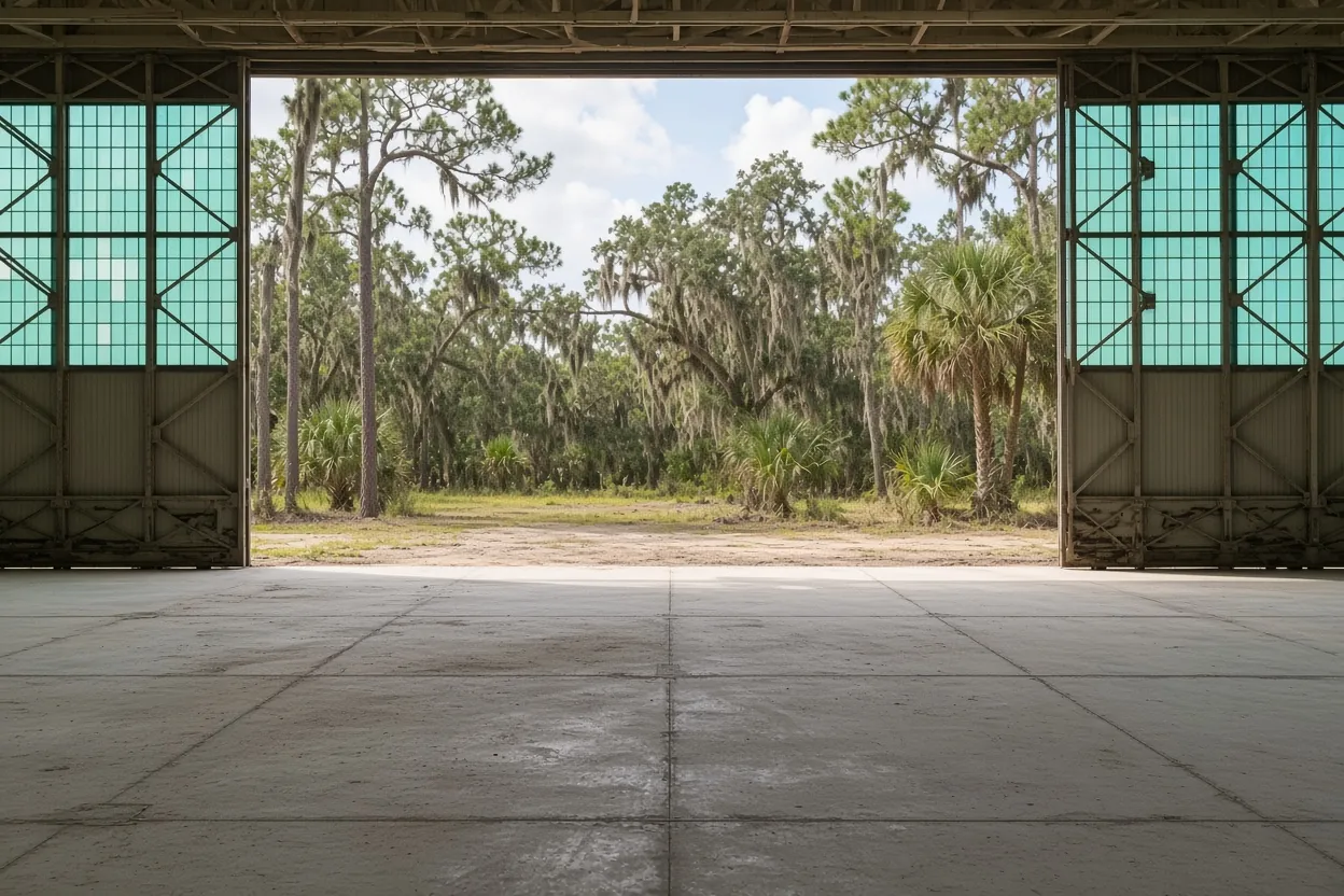 Finished concrete aircraft hangar floor with open bi-fold door near Lakeland, Polk County