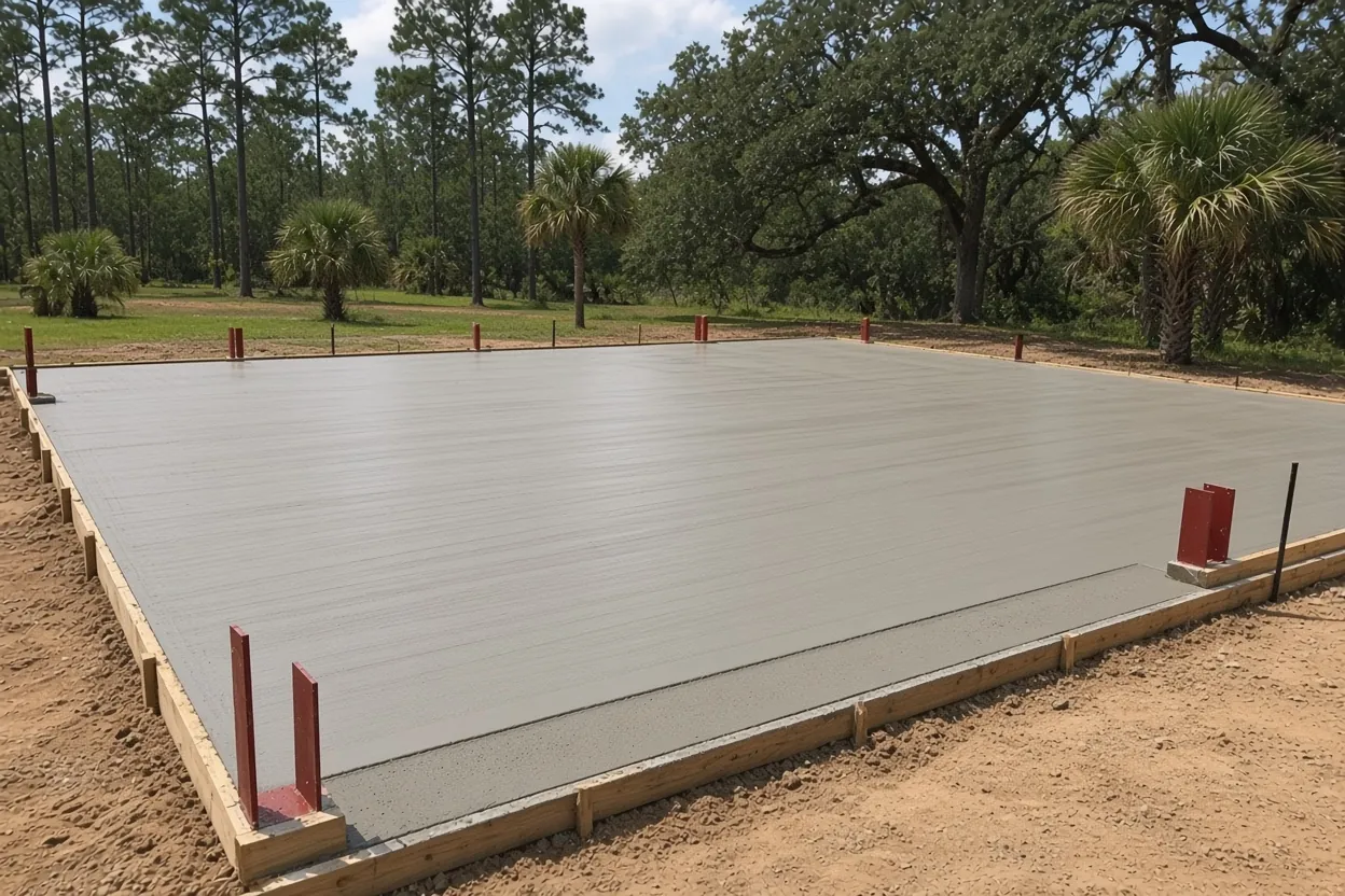 Finished concrete barn slab on a cleared Polk City, Florida lot before framing