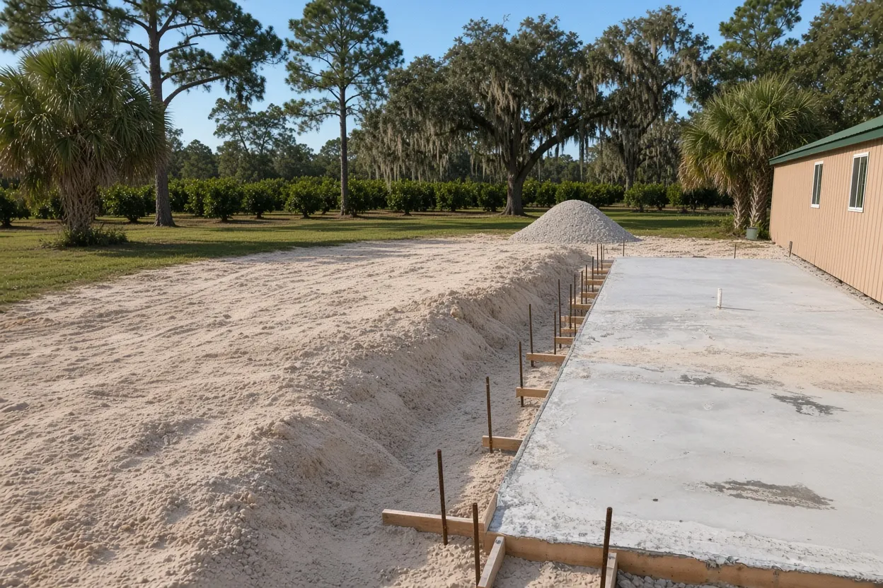 Finished concrete barn slab on rolling Lake Wales Ridge land with citrus rows beyond