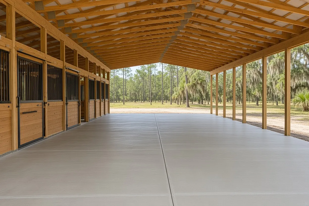 Finished concrete center aisle in a horse barn with stalls on both sides in Polk County