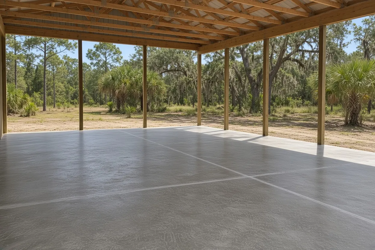 Finished concrete floor inside a framed pole barn on a lot near Winter Haven, Polk County