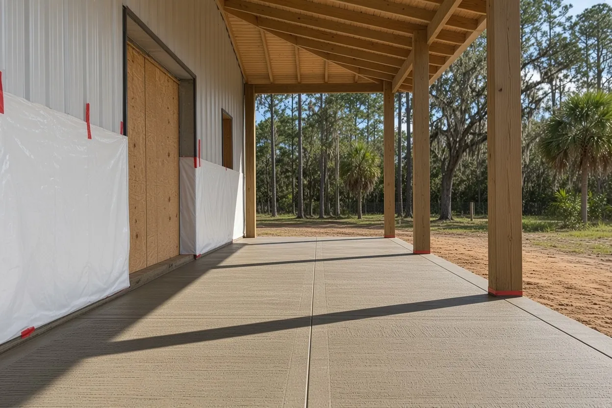 Finished concrete floor inside a pole barn with posts set near Lakeland, Polk County