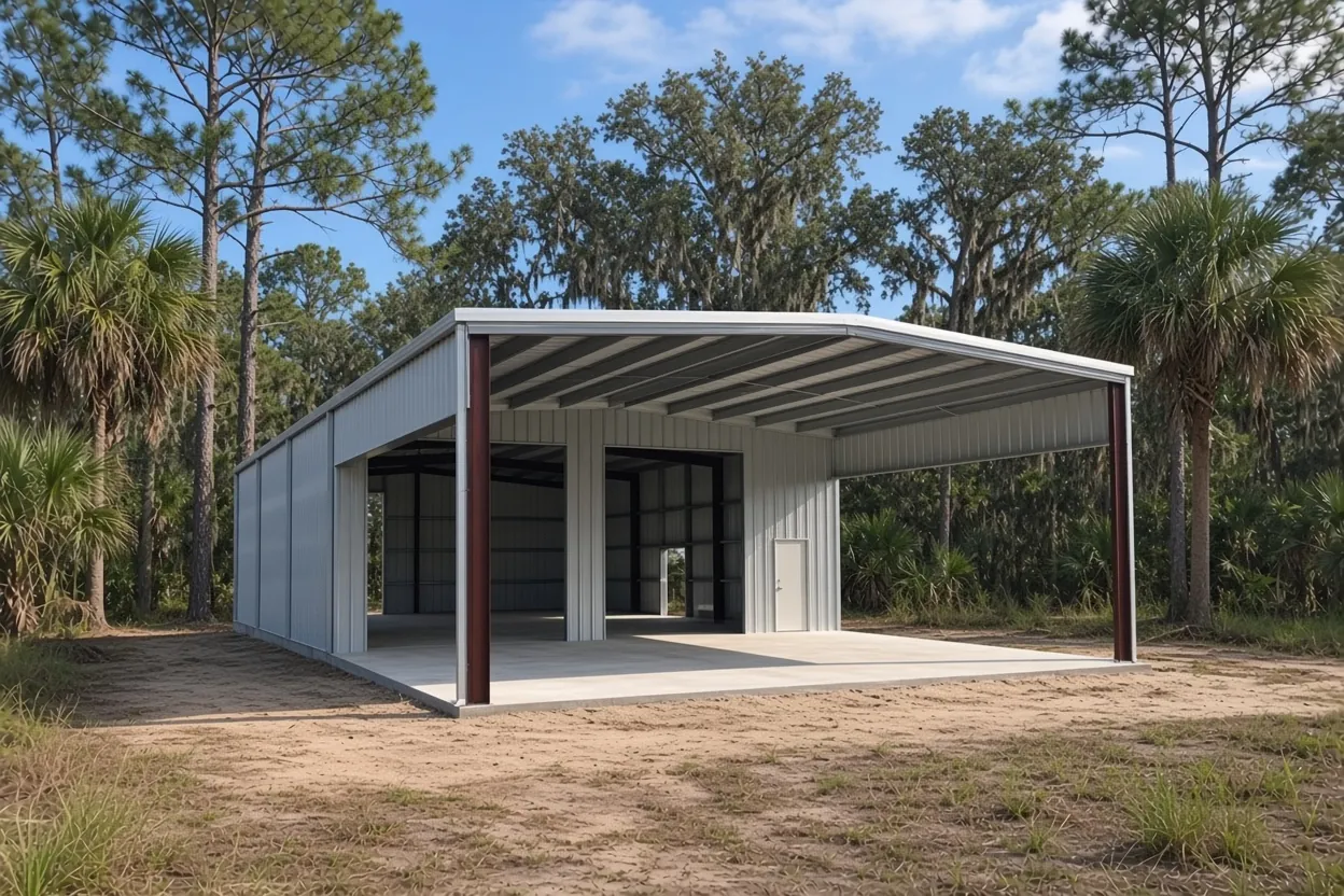 Finished concrete floor slab inside a new pole barn on flat Polk County acreage near Lakeland