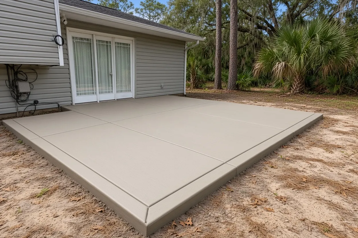 Finished concrete parking pad beside a storage shed on a Florida lot