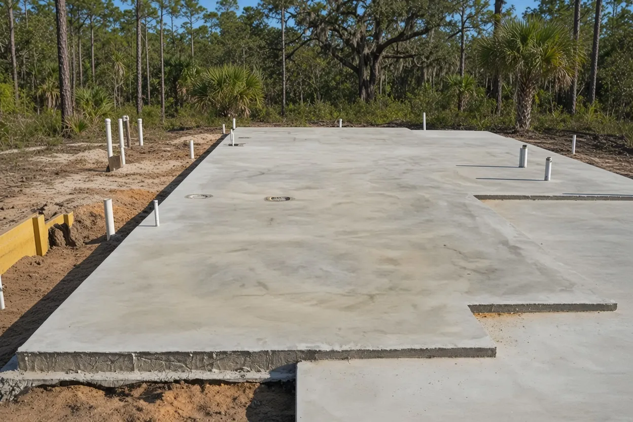 Finished concrete shop slab with a poured apron on a Fort Meade, Polk County lot