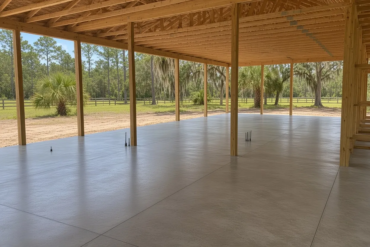 Finished concrete slab with anchor bolts for a steel building on acreage near Lakeland, Florida