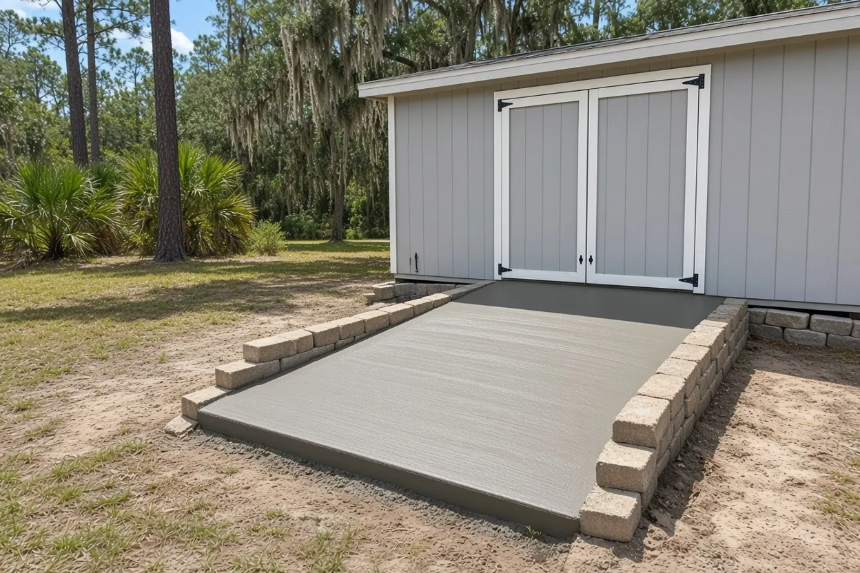 Finished concrete workshop slab beside a home on a Poinciana, Polk County lot
