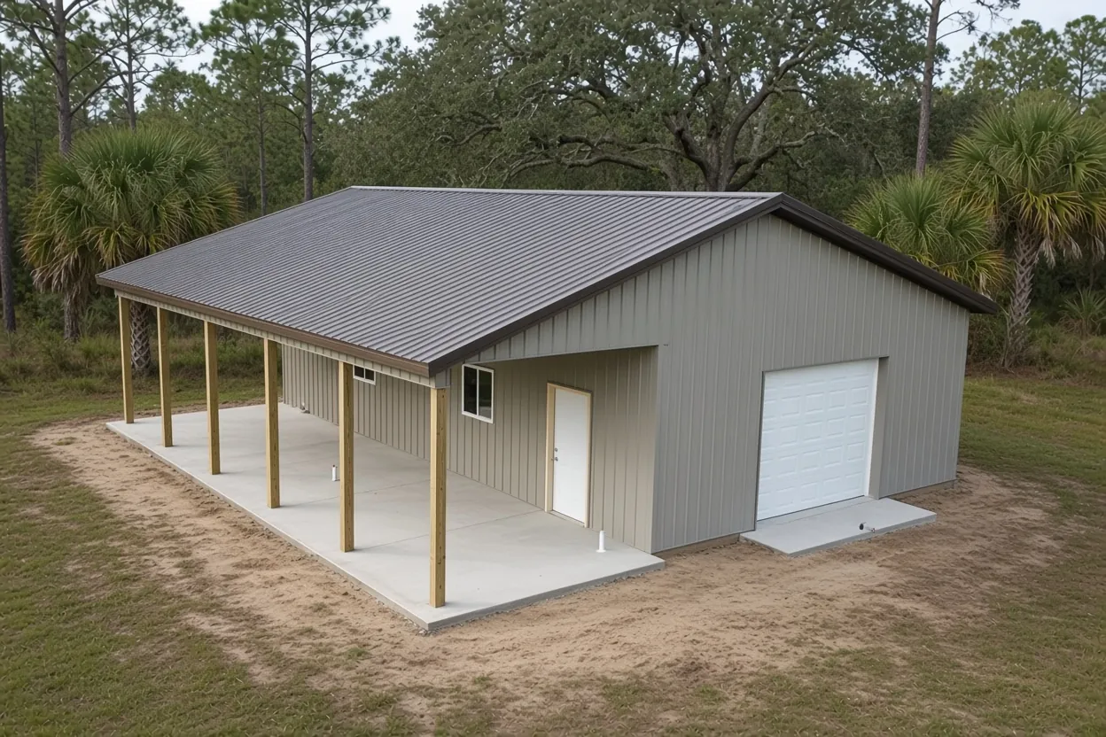 Finished metal barndominium with a covered porch on a concrete slab in Lake Wales