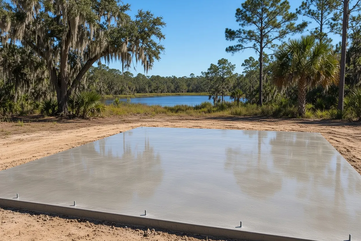 Finished metal building foundation with anchor bolts on a lake-area lot in Winter Haven Florida
