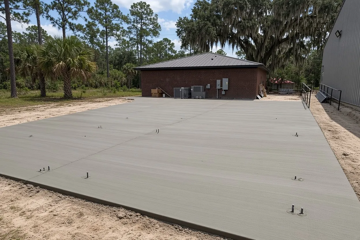 Finished metal building slab with anchor bolts on a Polk County lot near Winter Haven
