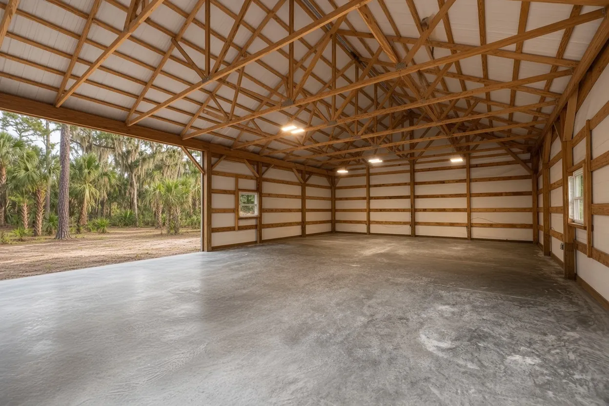 Finished pole barn slab inside an open post-frame barn on an Auburndale area lot