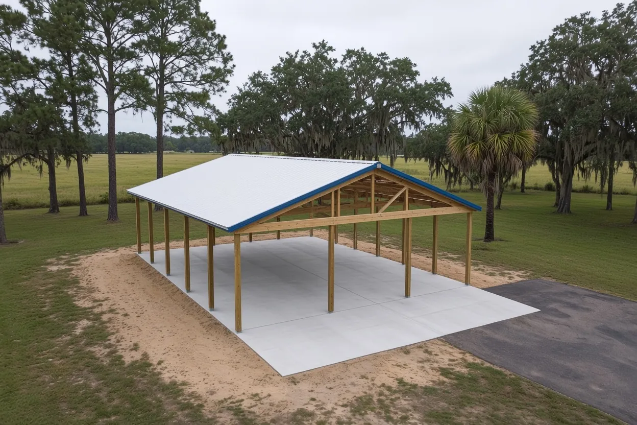 Finished pole barn slab on a raised sand pad on a Davenport, Polk County lot