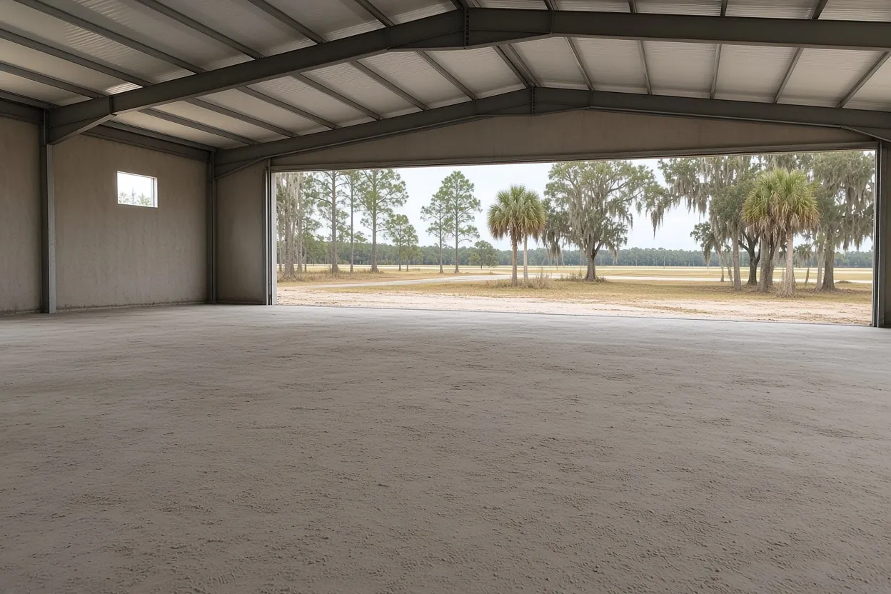 Finished reinforced concrete aircraft hangar floor with door track footing in Polk County, Florida