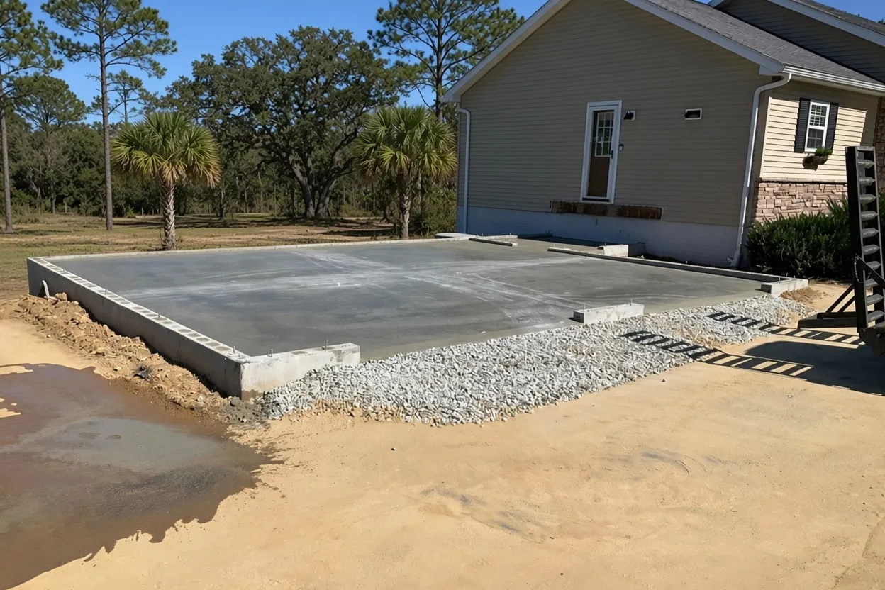 Finished reinforced concrete shop slab on open ground at the edge of Auburndale, Polk County