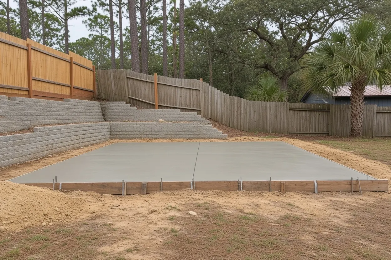 Finished square concrete shed slab with anchor bolts on a residential lot in Polk County