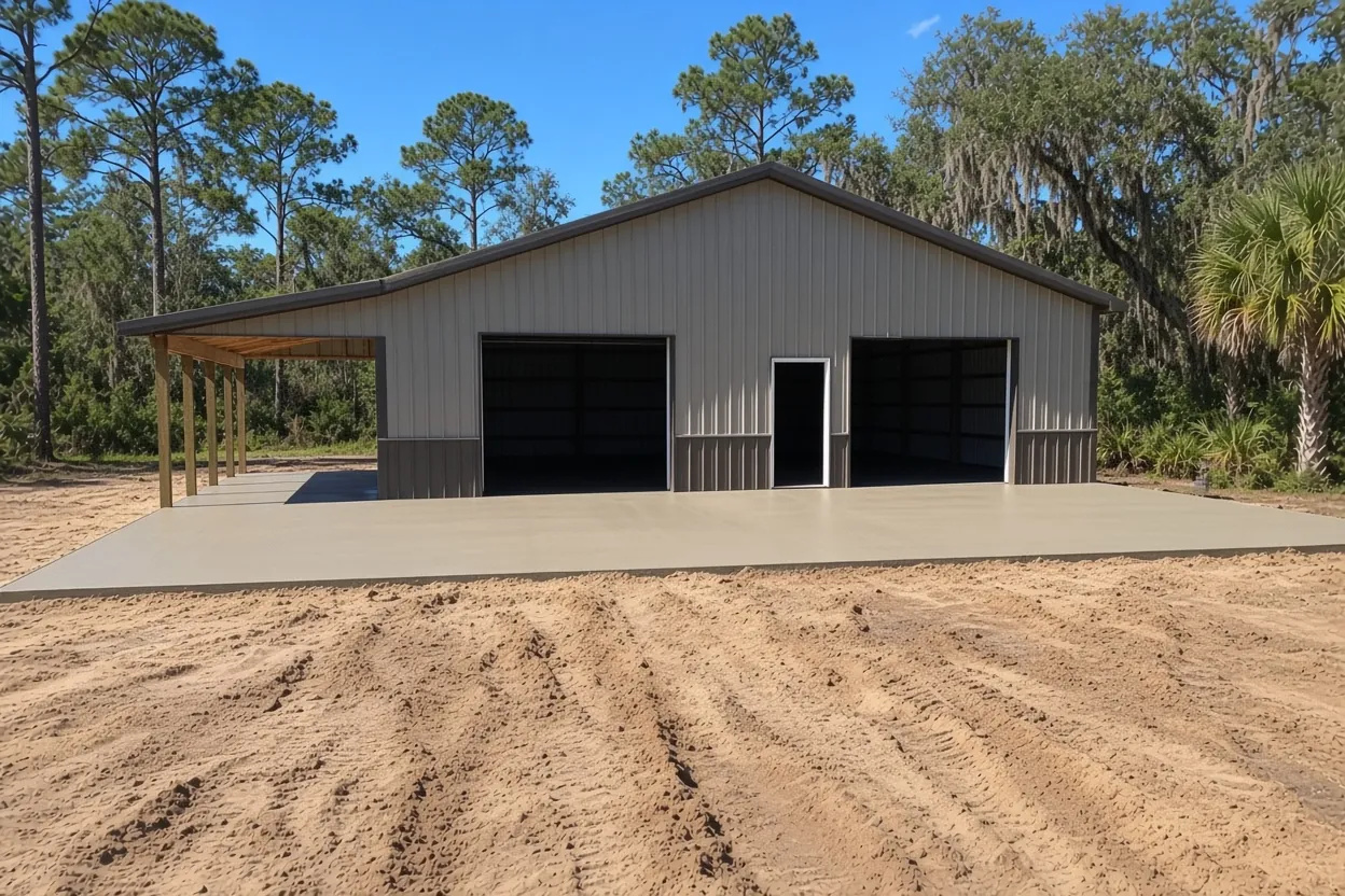 Finished steel building with a lean-to on a new concrete slab and apron on a cleared Lake Alfred lot