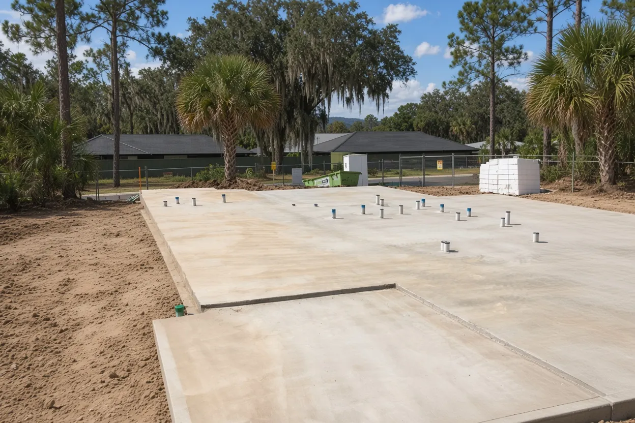 Finished steel shop concrete slab with anchor bolts on a Mulberry, Polk County lot