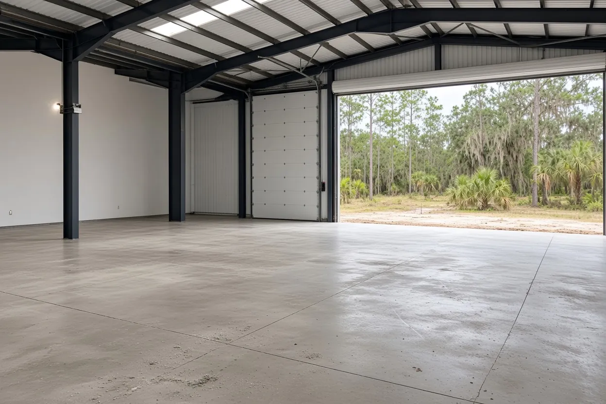Finished warehouse concrete slab with saw-cut joints inside a metal building in Polk County