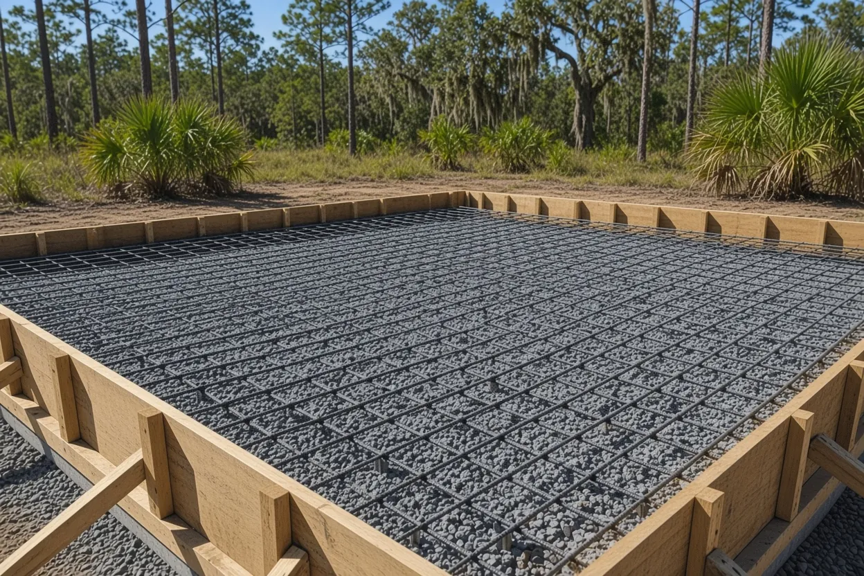 Formed and inspected slab pad with steel in place for a permitted Mulberry building