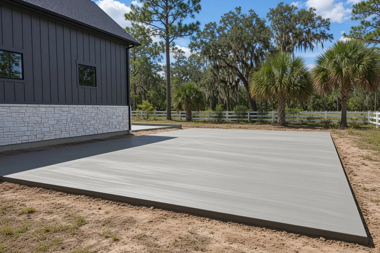 Fresh broom-finished concrete slab beside a dark barn-style home near Lakeland in Polk County