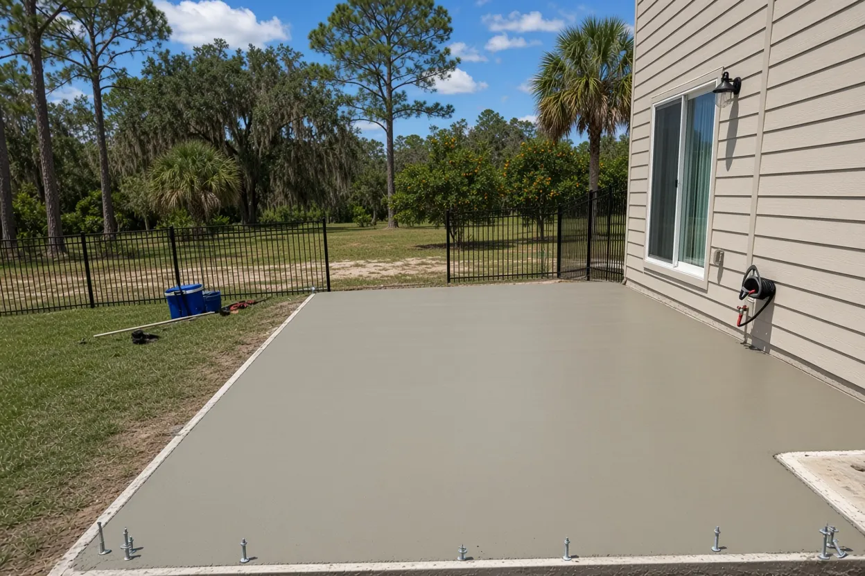 Fresh broom-finished concrete slab with anchor bolts beside a home in Lake Alfred, Florida