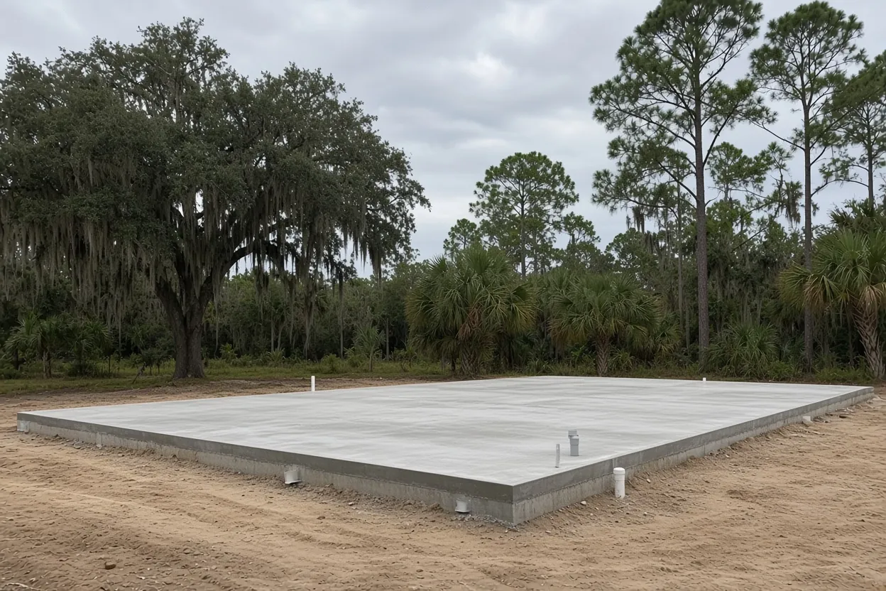 Fresh monolithic slab with thickened edges prepared for a barndominium near Lakeland, Polk County