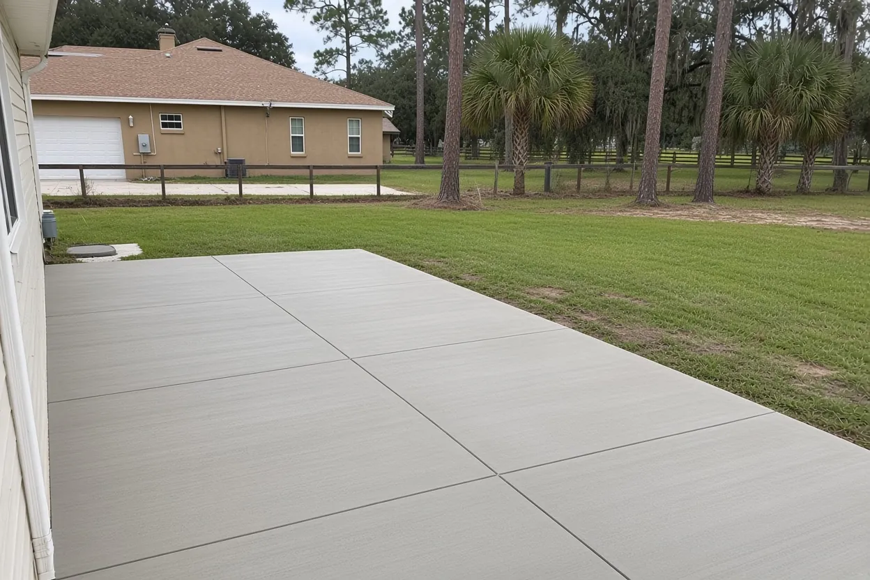 Graded concrete pad with a grass swale at the edge of a Polk County yard