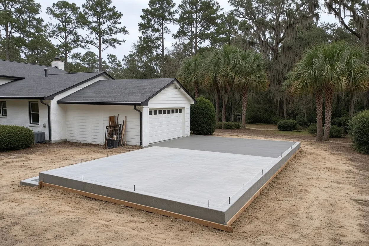 Large concrete machinery pad with saw-cut joint lines at a farm near Winter Haven, Polk County