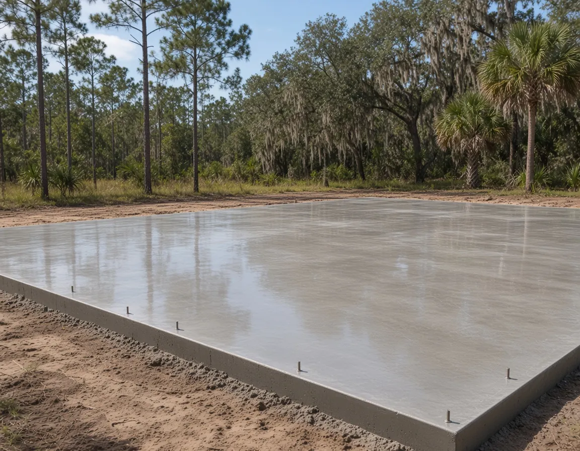 Level metal building foundation cut into a gentle slope in Lake Wales Florida