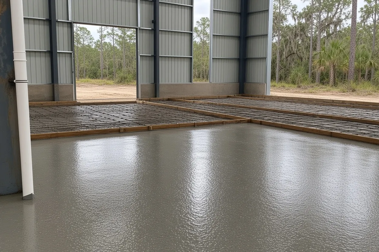 Leveled sand building pad with forms for a steel building slab near Waverly, Florida