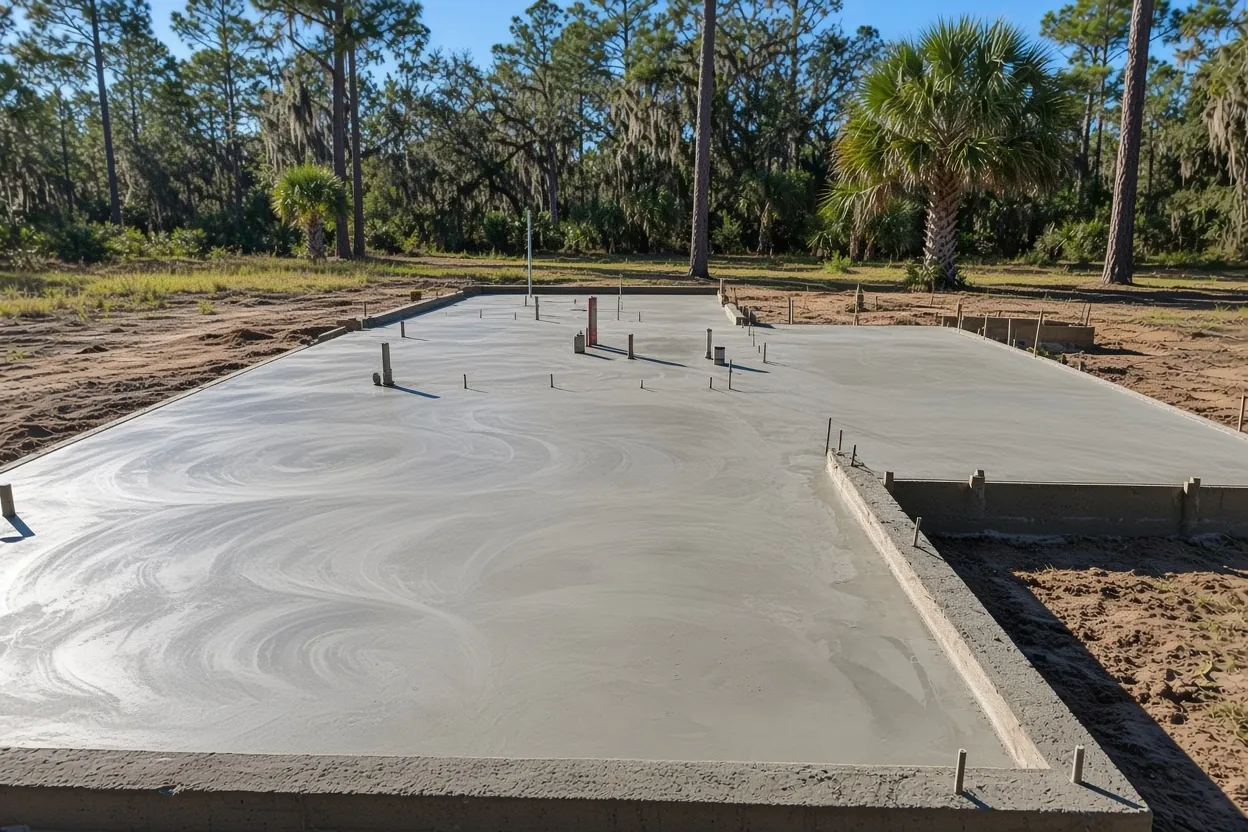 Monolithic barndominium foundation slab with thickened edges and plumbing sleeves ready for a metal building in Polk County
