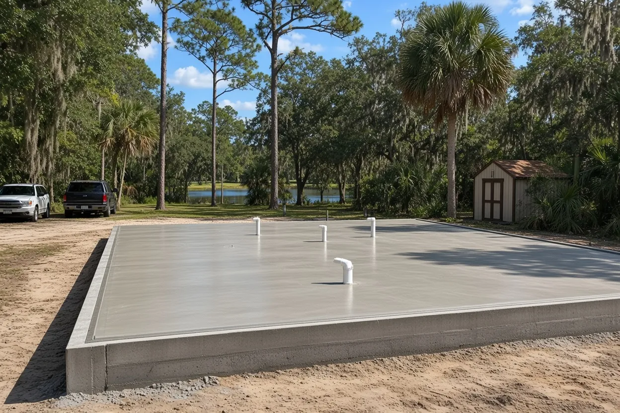 Monolithic barndominium foundation with plumbing stubs on a lake lot near Winter Haven